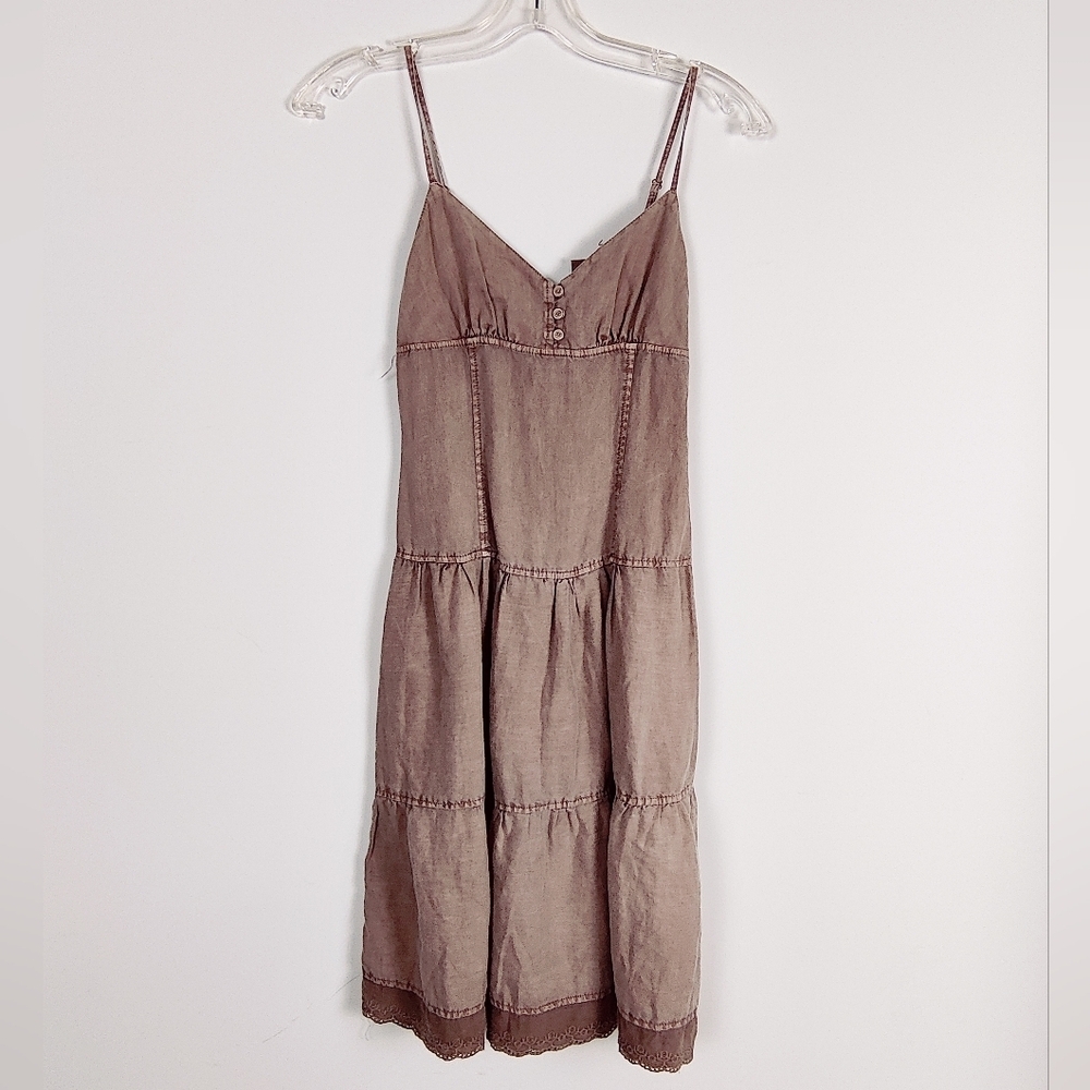 Guess Women's Boho Chic 100% Linen Tiered Sundress Lace Hem Size 1 Smocked